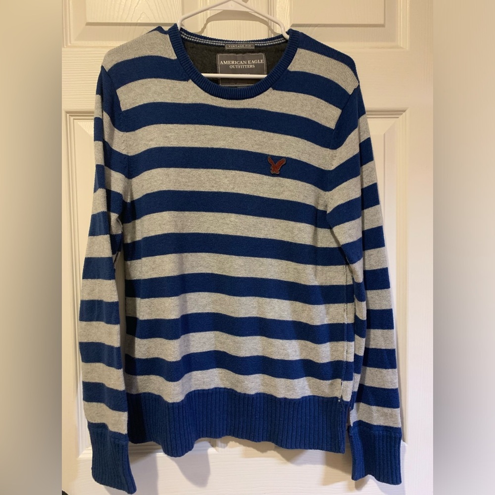 American Eagle Outfitters Men's Striped Sweater in Blue and Gray-vintage